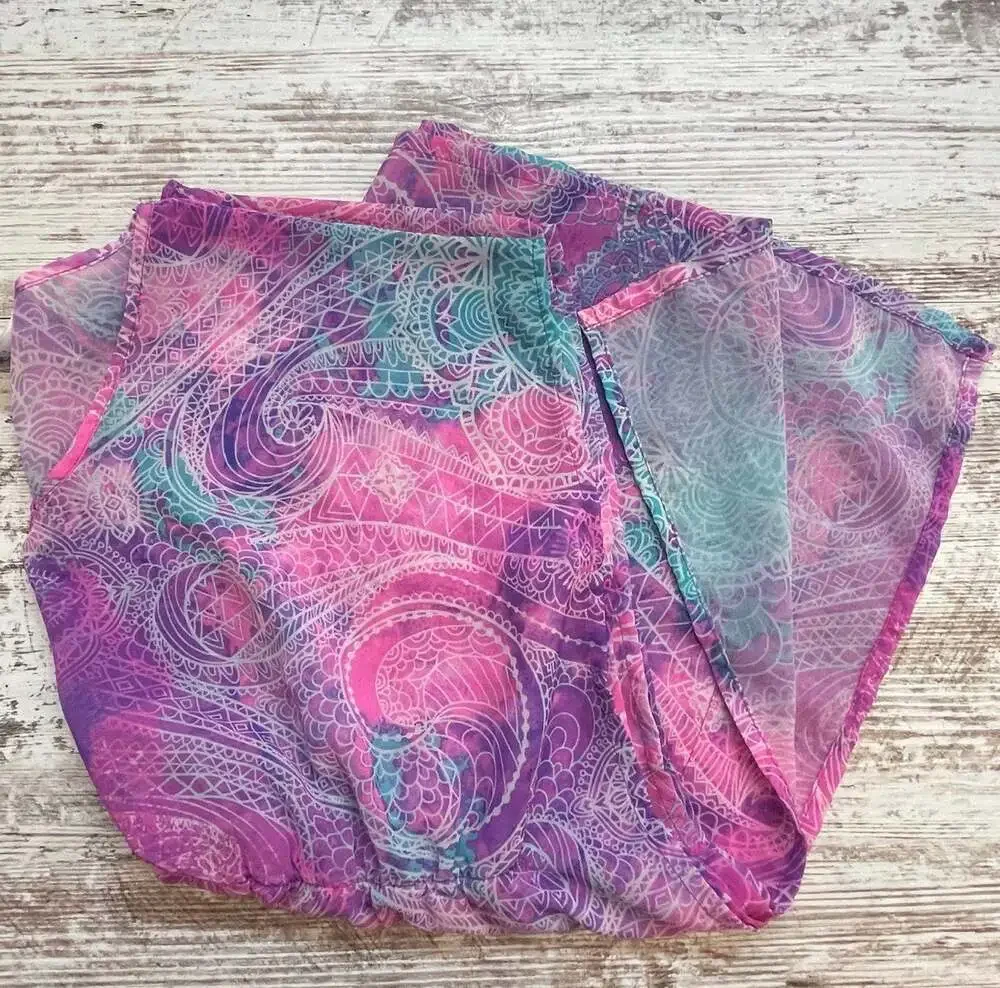 7/8 M Girls' sheer tunic swim cover-up vibrant pink, purple, and teal paisley